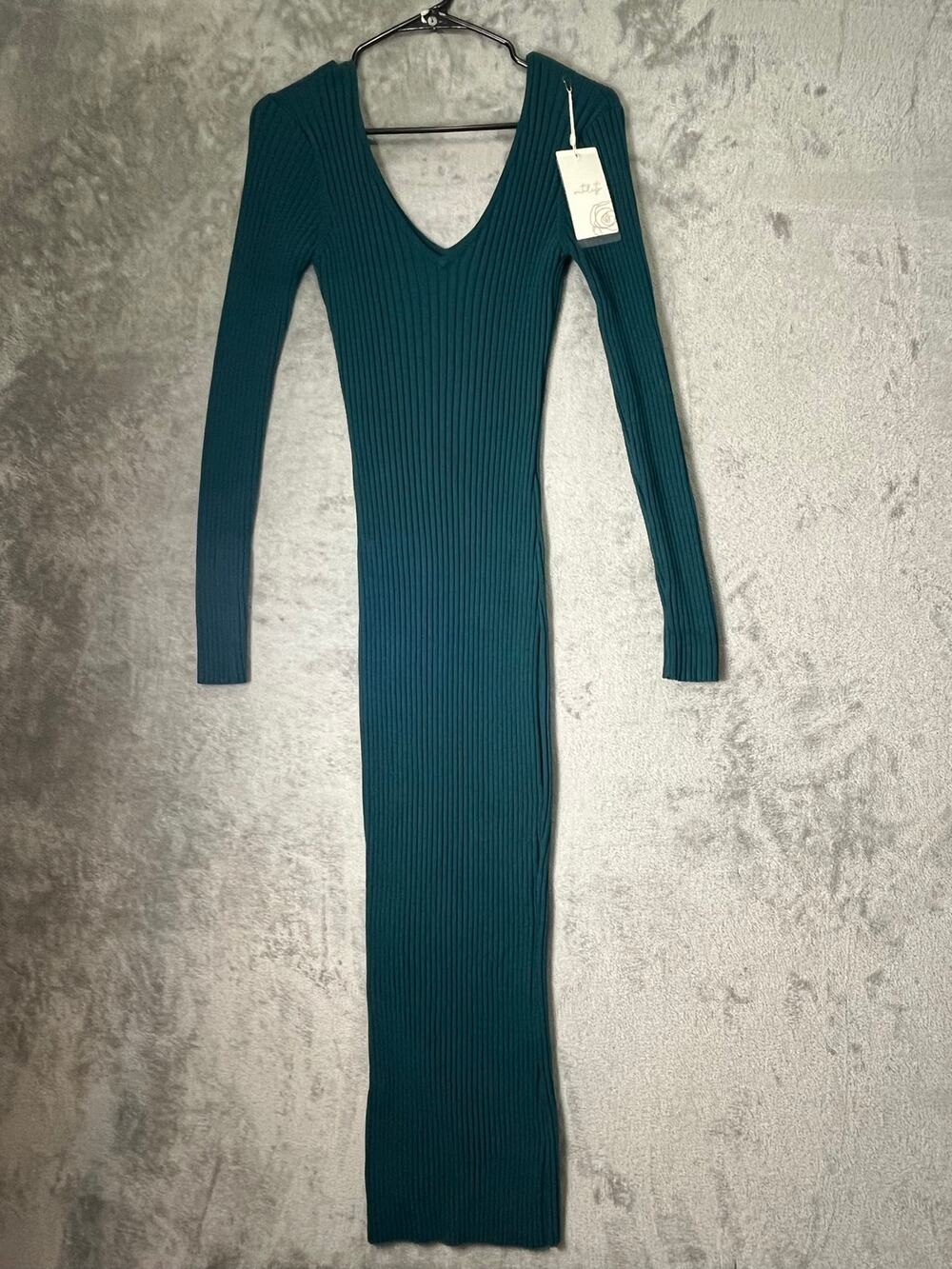 Vitality Green Ribbed Knit Long Sleeve V-Neck Bodycon Midi Sweater Dress M New